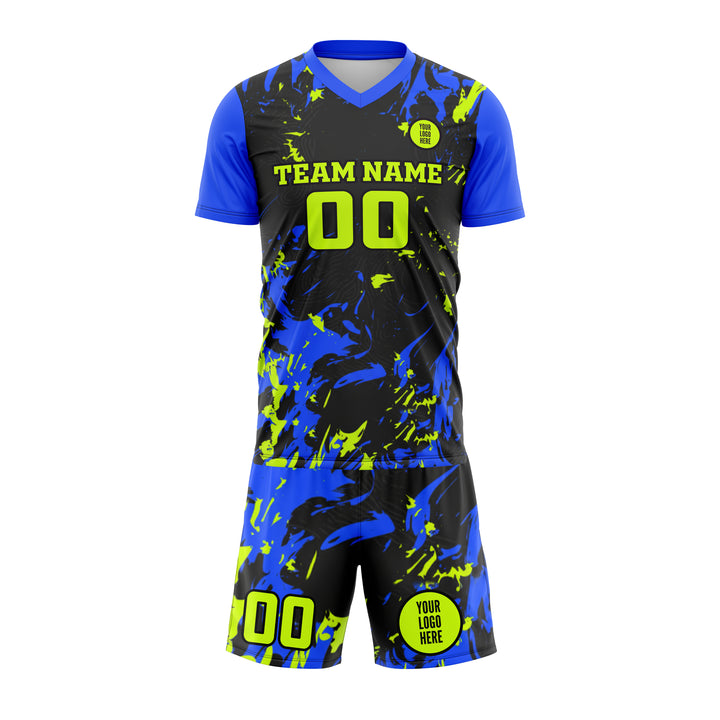 custom soccer uniform in blue, black and neon green color