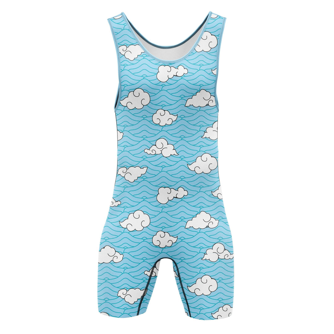 sky blue wrestling singlet with white clouds