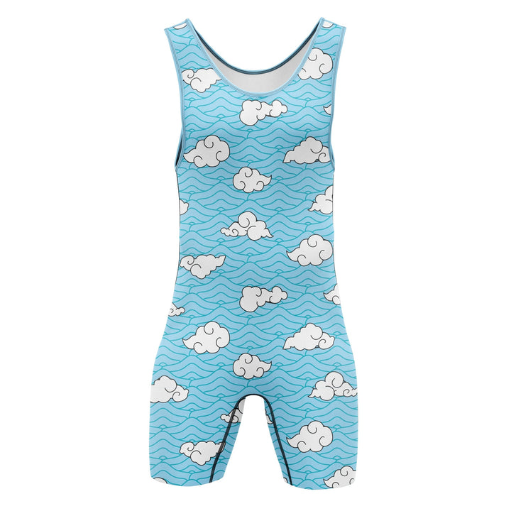 sky blue wrestling singlet with white clouds