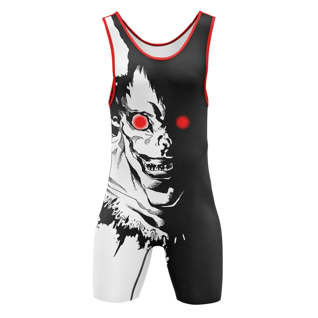 dead person with deadly red eyes face design on wrestling singlet