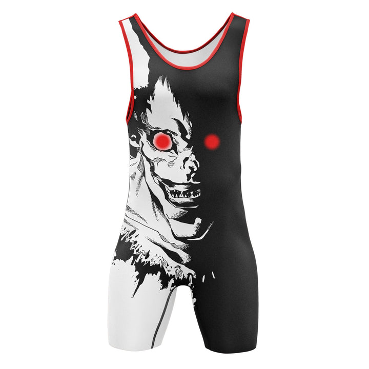 dead person with deadly red eyes face design on wrestling singlet