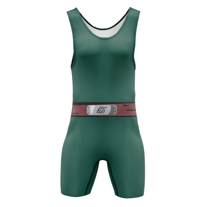 green wrestling singlet with brown and grey belt design