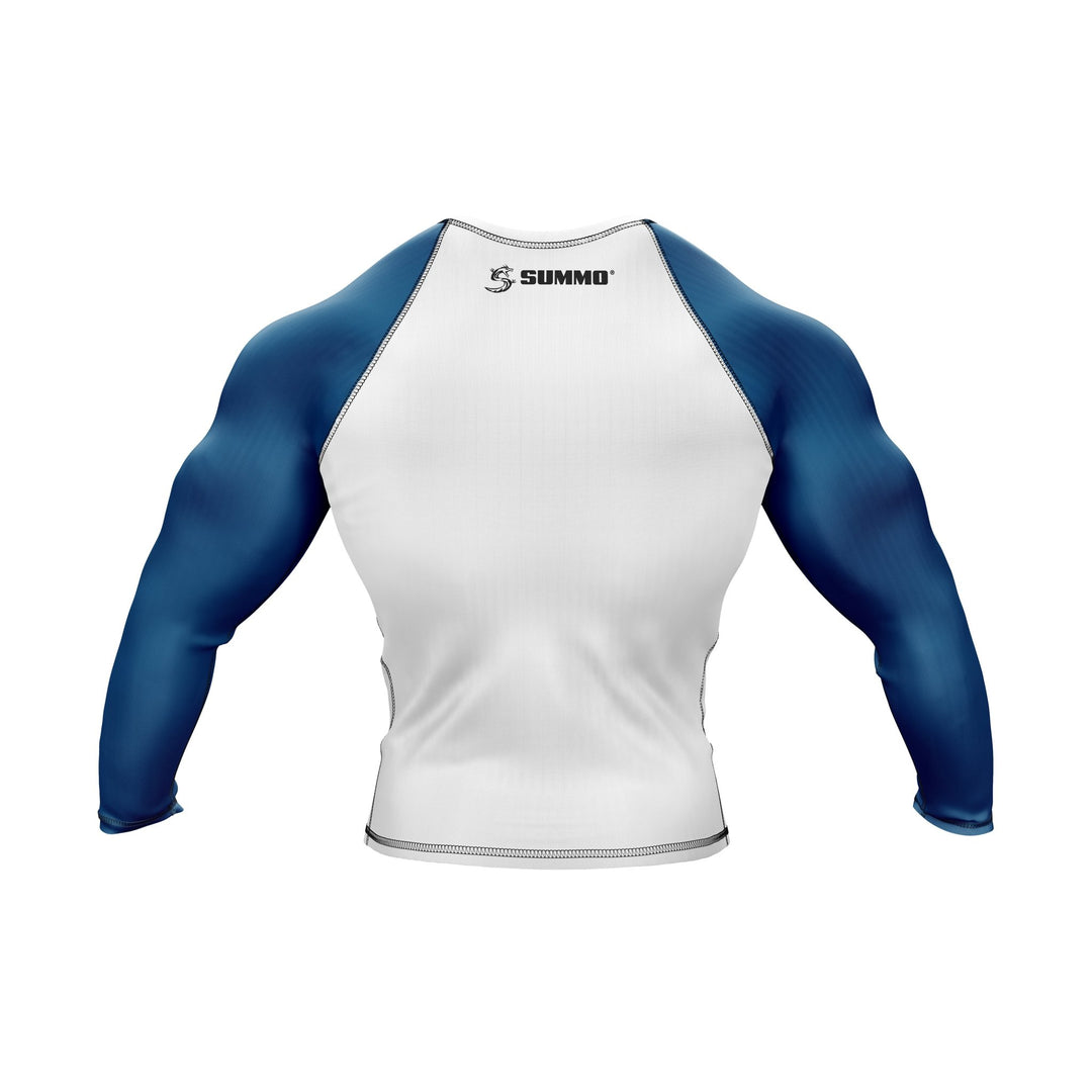 White with Blue Sleeves Ranked Rashguard - Summo Sports