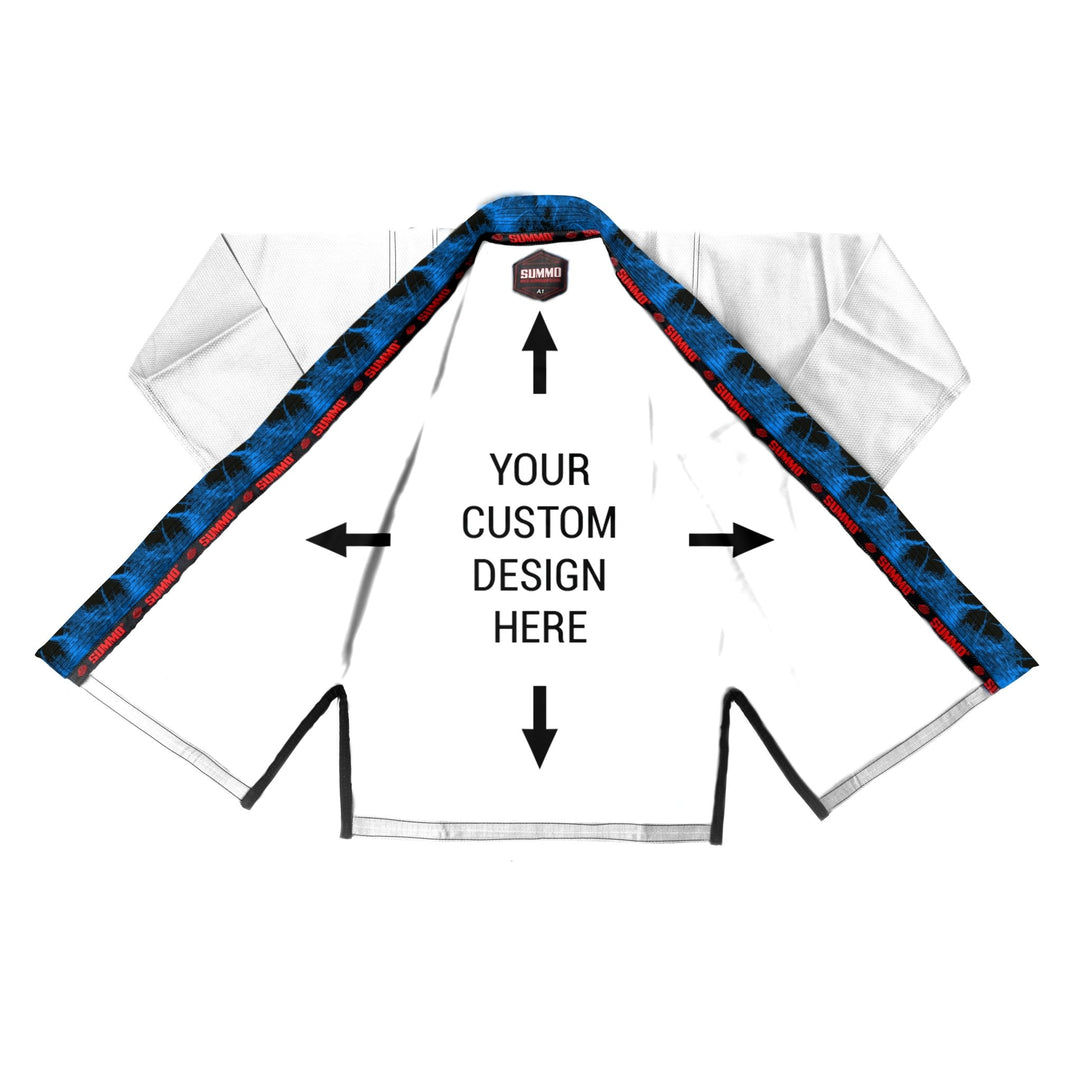 Exclusive White with Black/Blue Flame Lapel Custom Rash Guard lining - Summo Sports