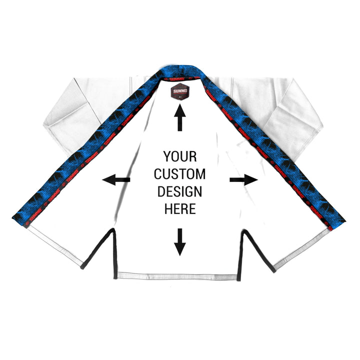 Exclusive White with Black/Blue Flame Lapel Custom Rash Guard lining - Summo Sports