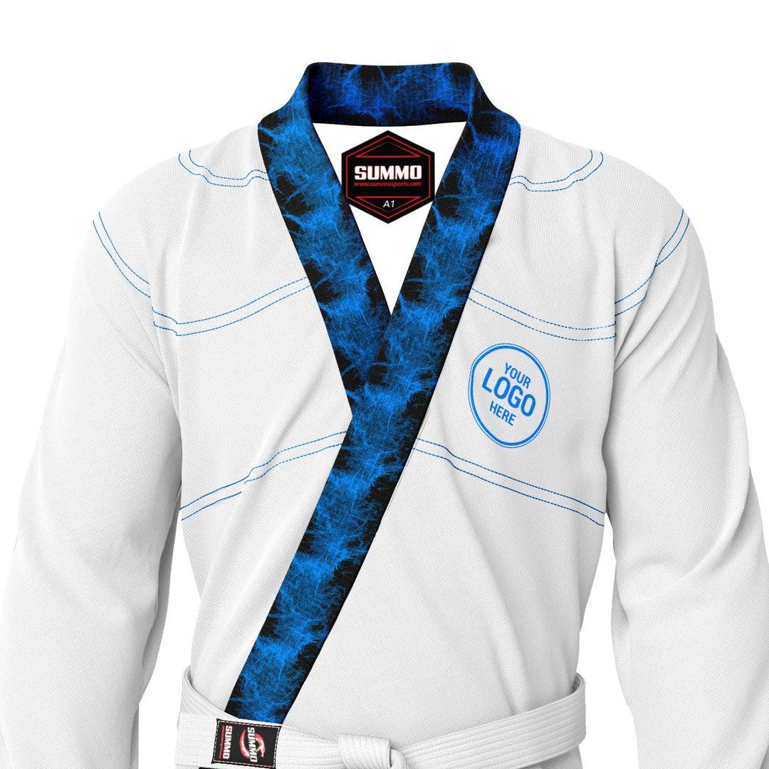 Exclusive White with Black/Blue Flame Lapel Custom Rash Guard lining - Summo Sports