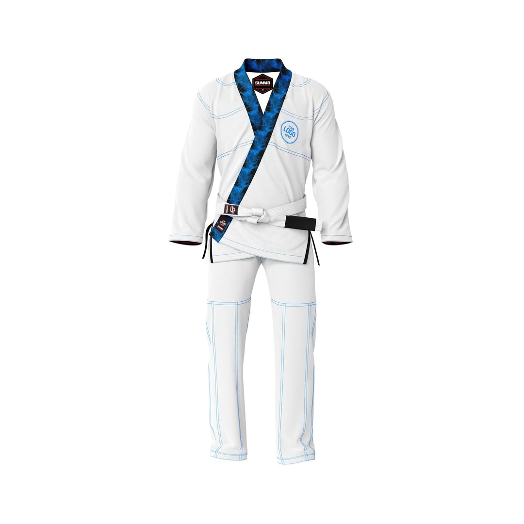 Exclusive White with Black/Blue Flame Lapel Custom Rash Guard lining - Summo Sports