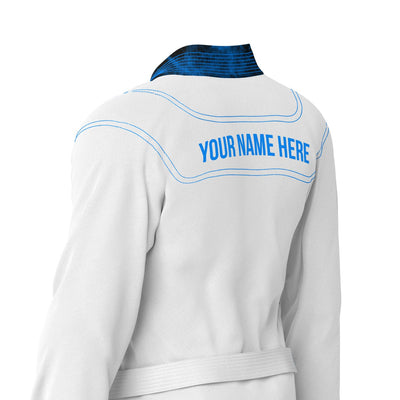 Exclusive White with Black/Blue Flame Lapel Custom Rash Guard lining - Summo Sports