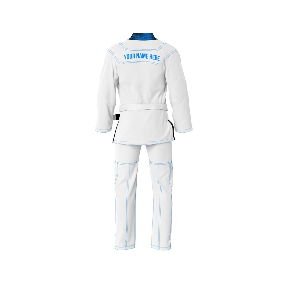 Exclusive White with Black/Blue Flame Lapel Custom Rash Guard lining - Summo Sports