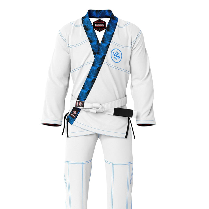 Exclusive White with Black/Blue Flame Lapel Custom Rash Guard lining - Summo Sports