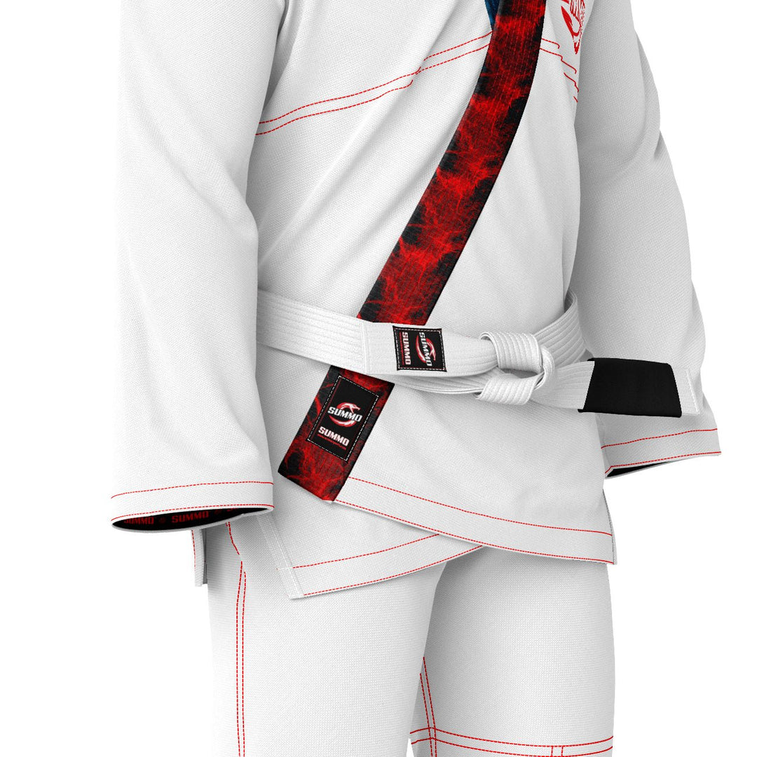 Exclusive White with Red/Blue Flame Lapel Custom Rash Guard lining - Summo Sports